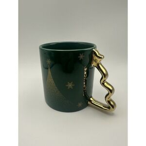 Starbucks 2025 Holiday Green Gold Snowflake Christmas Tree Wavy Handle Mug 12oz